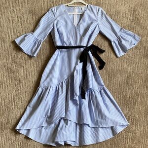 1901 100% Cotton Light Blue Pinstripe Tiered Ruffled Faux Wrap Dress Midi Dress